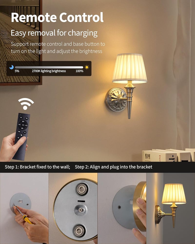 KDG Cordless Wall Sconces Set of 2, Small Wireless 5200mAh Rechargeable Battery Fabric LED Wall Lamps, Portables Lightings for Wall Painting, Living Room, Bedroom, Hallway, Gifts, Night Light (Nickel) - Image 4